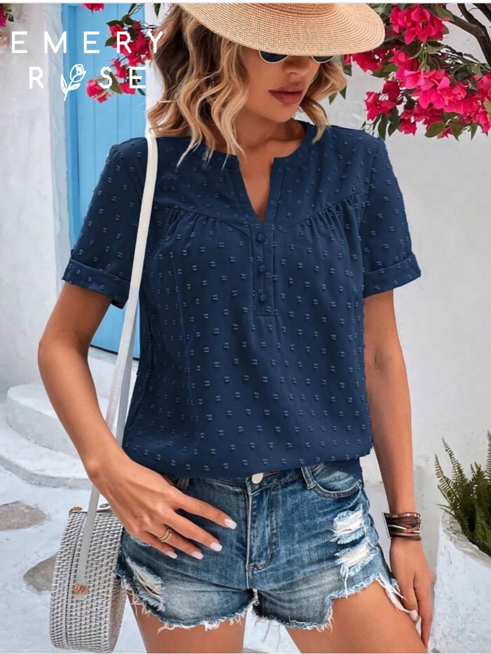 Emory Rose Blue Short-Sleeve Textured Split-Neck Blouse